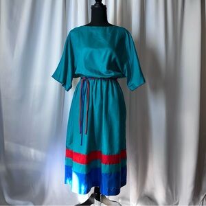 Jerell Of Texas Vintage 1970’s Belted Midi Dress Teal Red Blue Sm? Disco Boho‎
